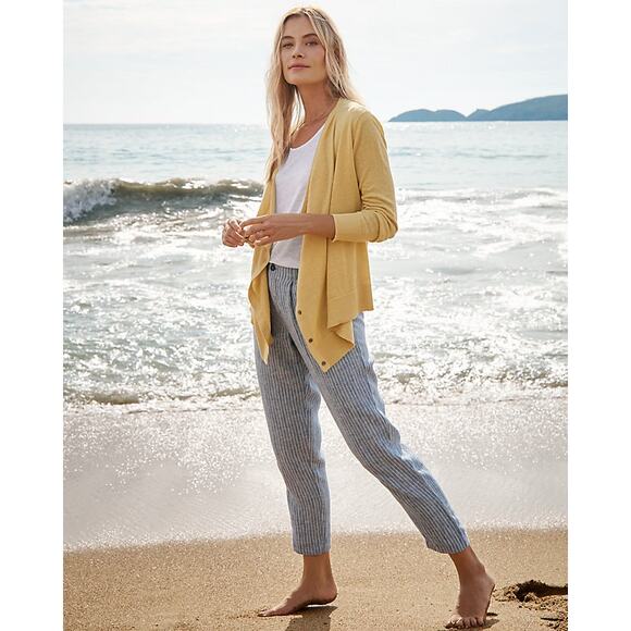 NWT Garnet Hill Straight-Leg 100% Linen Trouser Pant Sky Mini Stripe Size 10 - Picture 2 of 6